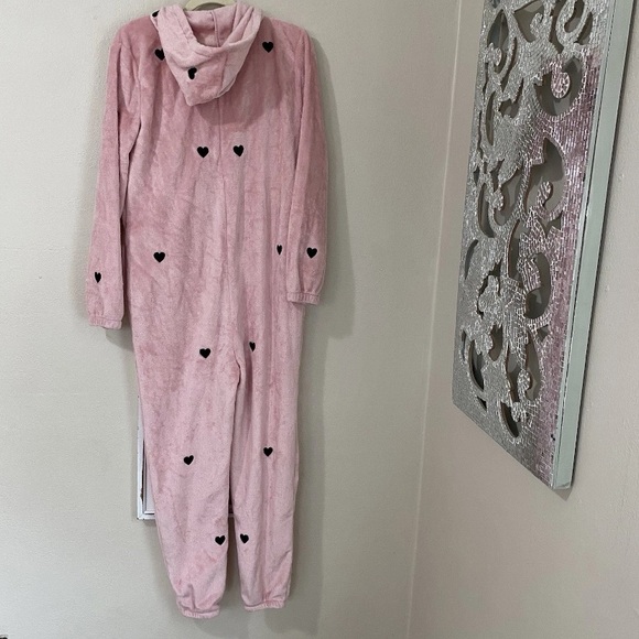 PINK VICTORIAS SECRET xsmall small HEARTS PLUSH TEDDY ONE PIECE HOODIE PAJAMA - Picture 3 of 6